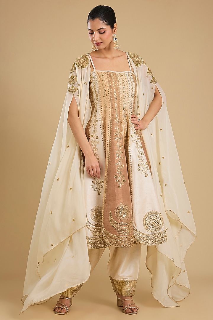 Ivory Raw Silk Motif Embroidered Bridal Anarkali Set by Masaba at Pernia's Pop Up Shop