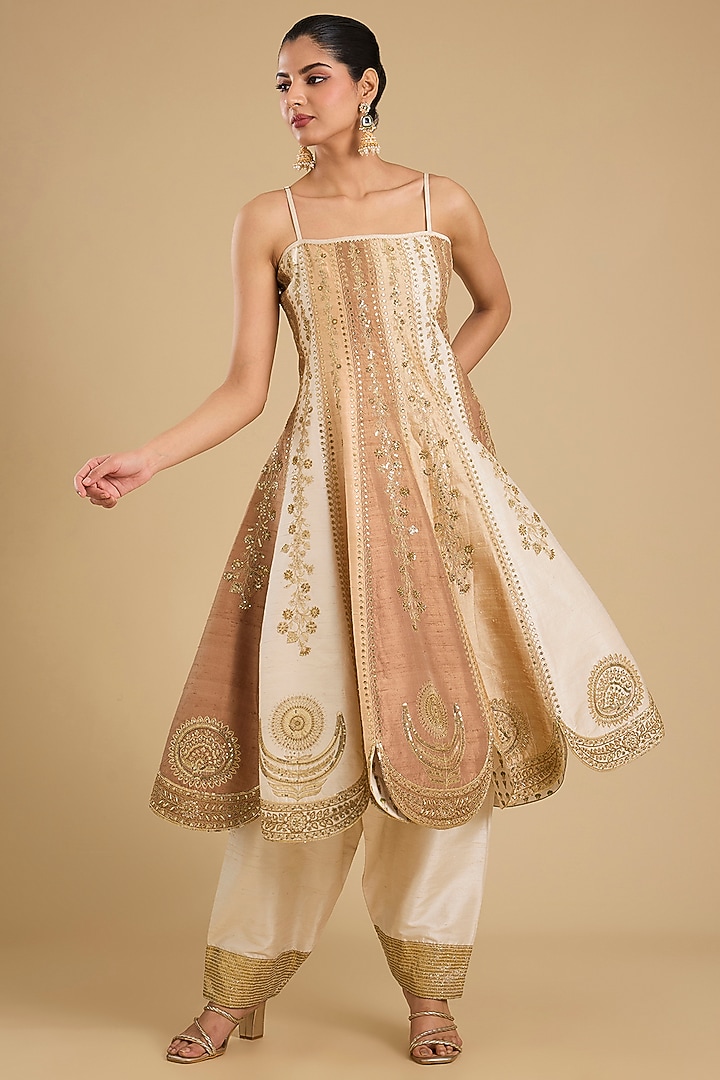 Ivory Raw Silk Motif Embroidered Bridal Anarkali Set by Masaba at Pernia's Pop Up Shop