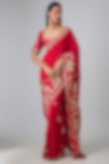 Red Dupion Embroidered Bridal Saree Set by Masaba at Pernia's Pop Up Shop