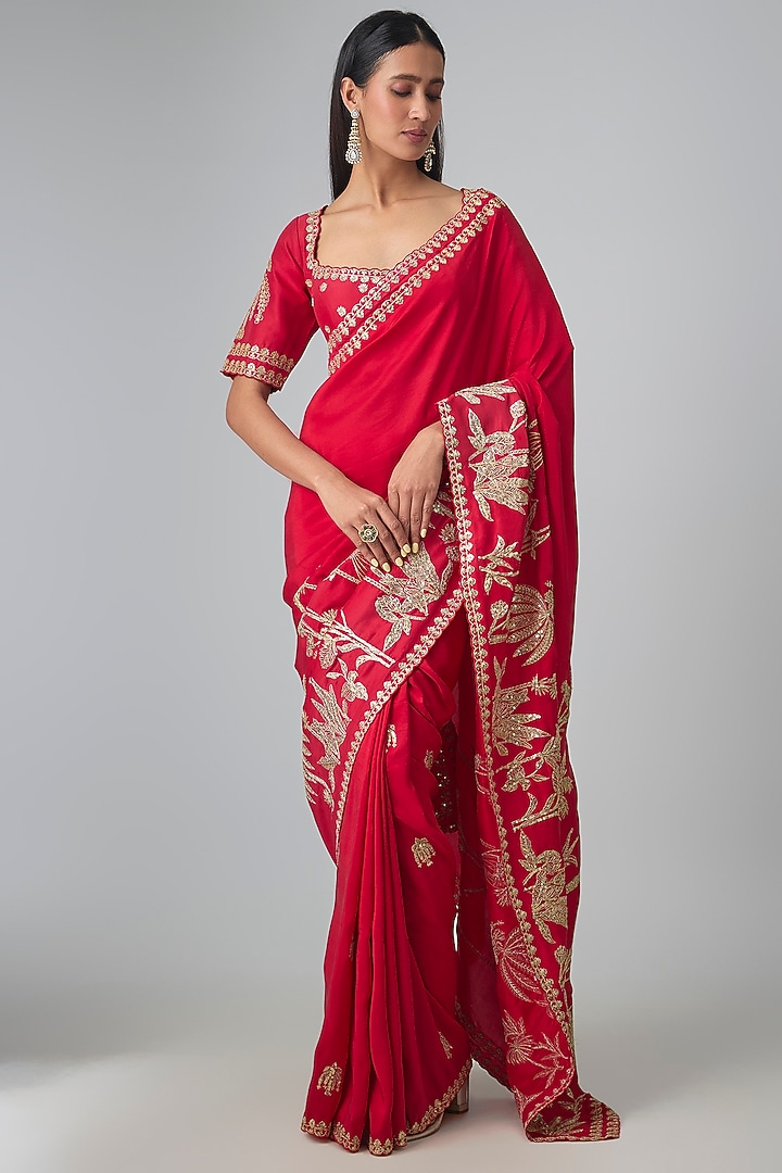Red Dupion Embroidered Bridal Saree Set by Masaba at Pernia's Pop Up Shop