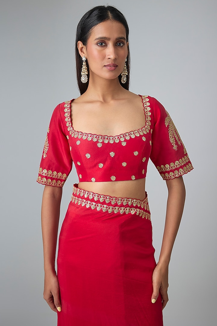 Red Dupion Embroidered Bridal Saree Set by Masaba at Pernia's Pop Up Shop