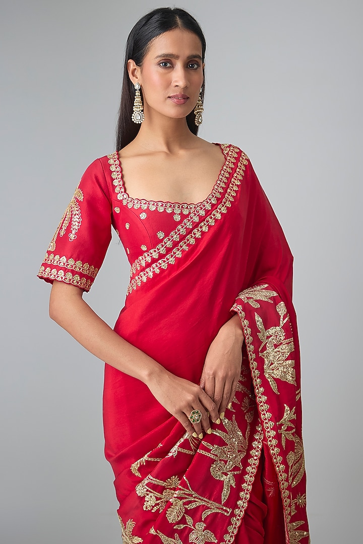 Red Dupion Embroidered Bridal Saree Set by Masaba at Pernia's Pop Up Shop