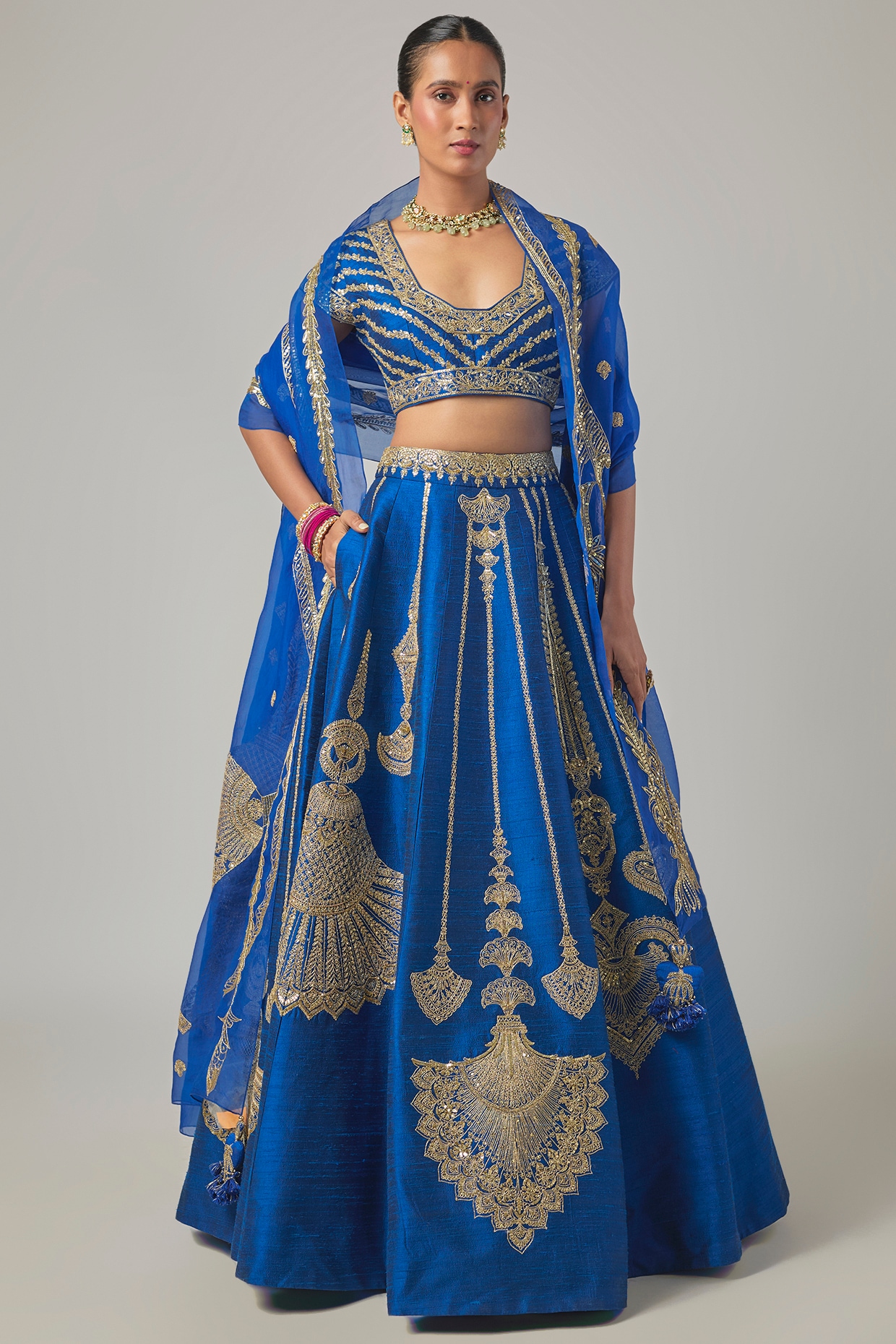 Masaba Blue Raw Silk Embroidered Lehenga Set