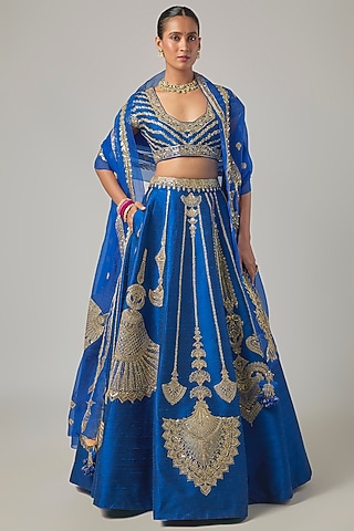Blue Raw Silk Embroidered Lehenga Set by Masaba