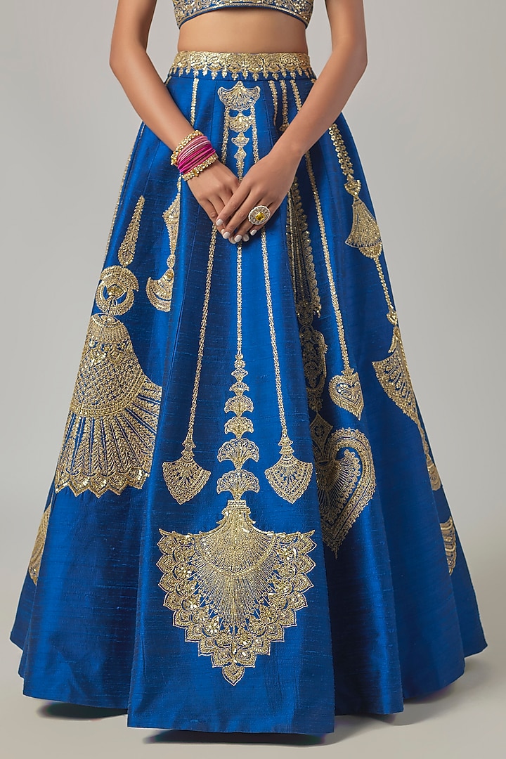 Blue Raw Silk Embroidered Bridal Lehenga Set by Masaba at Pernia's Pop Up Shop