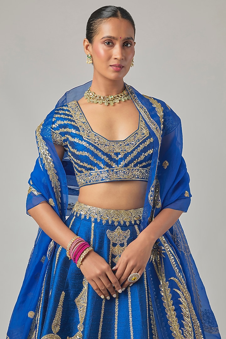Blue Raw Silk Embroidered Bridal Lehenga Set by Masaba at Pernia's Pop Up Shop