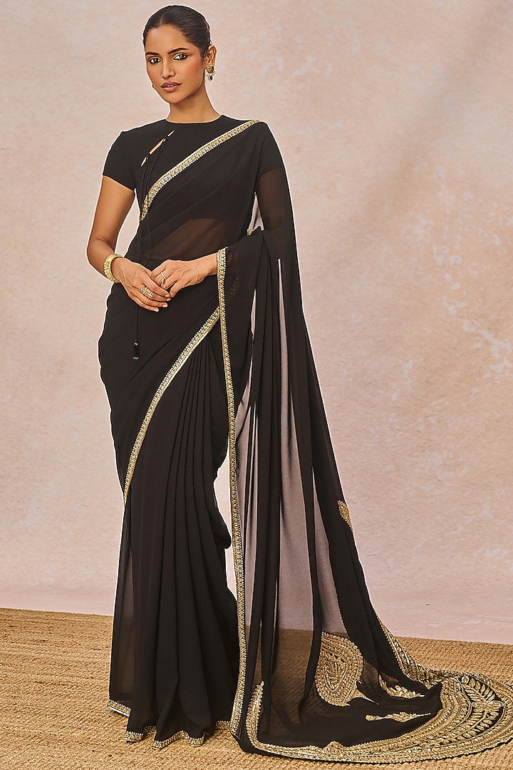 Black Georgette Blend Chaand Paankh Motif Embroidered Reception Saree Set by Masaba at Pernia's Pop Up Shop
