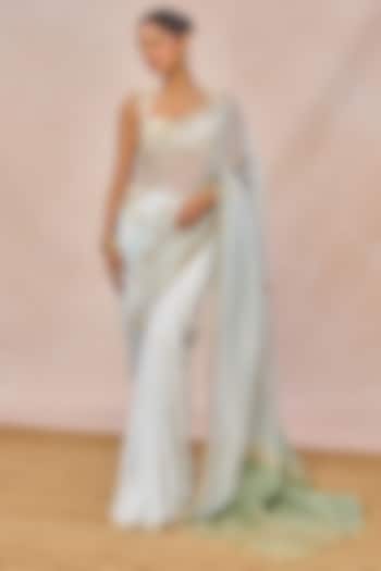  Blue Natural Crepe Paankh Motif Embroidered Reception Saree Set by Masaba at Pernia's Pop Up Shop