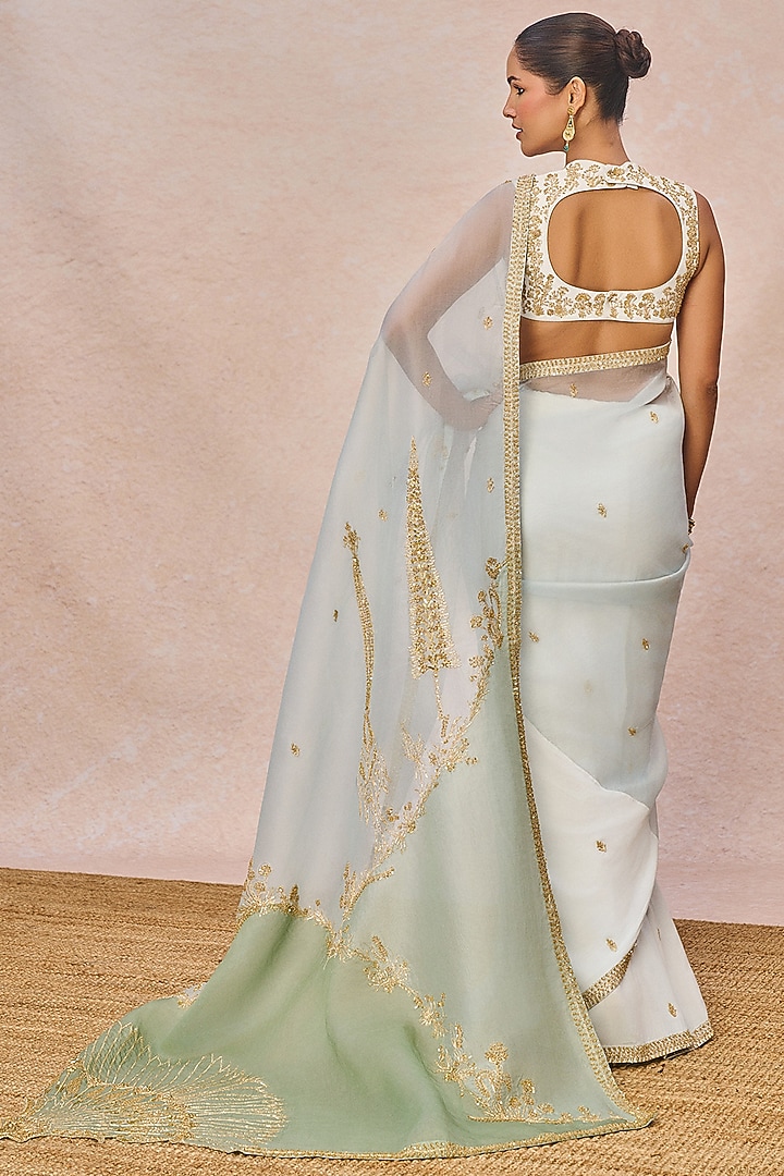 Blue Natural Crepe Paankh Motif Embroidered Reception Saree Set by Masaba at Pernia's Pop Up Shop