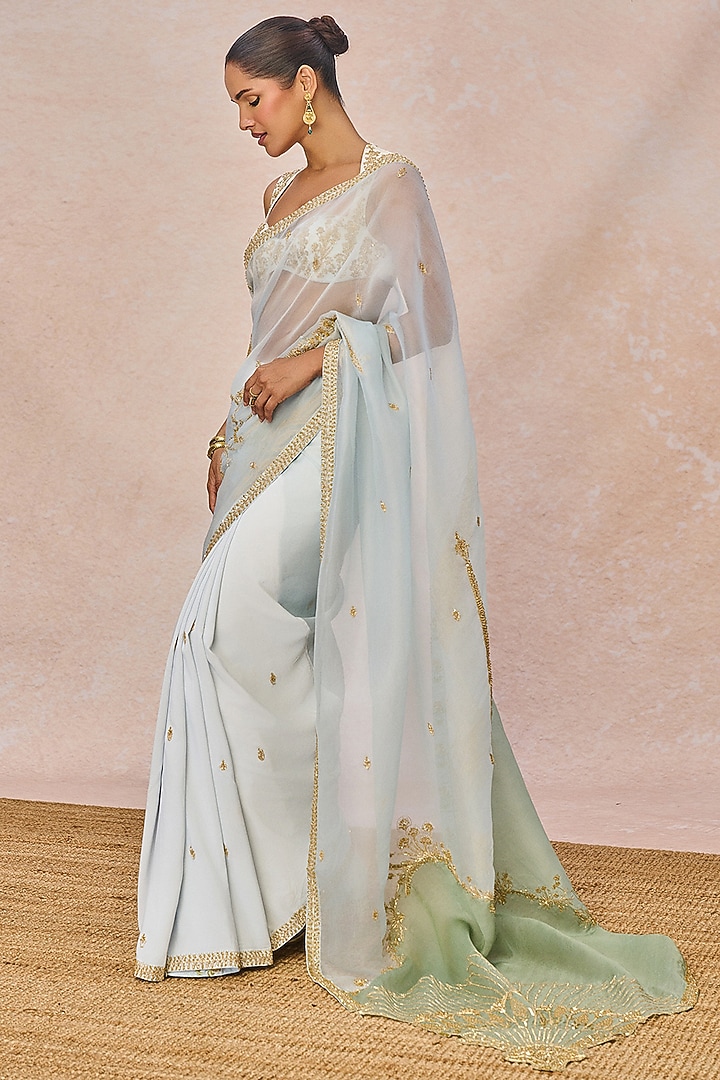 Blue Natural Crepe Paankh Motif Embroidered Reception Saree Set by Masaba at Pernia's Pop Up Shop