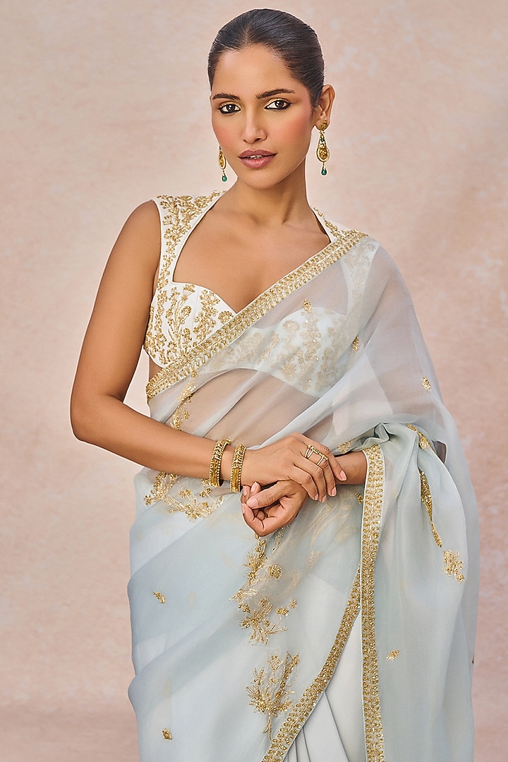 Blue Natural Crepe Paankh Motif Embroidered Reception Saree Set by Masaba at Pernia's Pop Up Shop