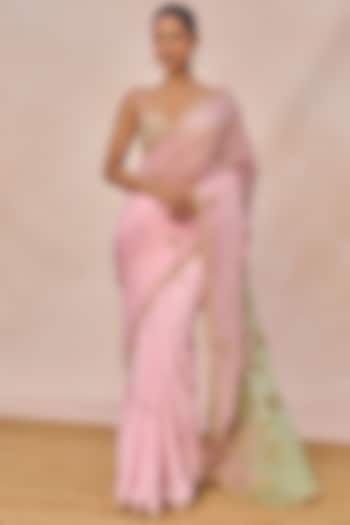 Pink Natural Crepe Pankh Motif Embroidered Reception Saree Set by Masaba at Pernia's Pop Up Shop