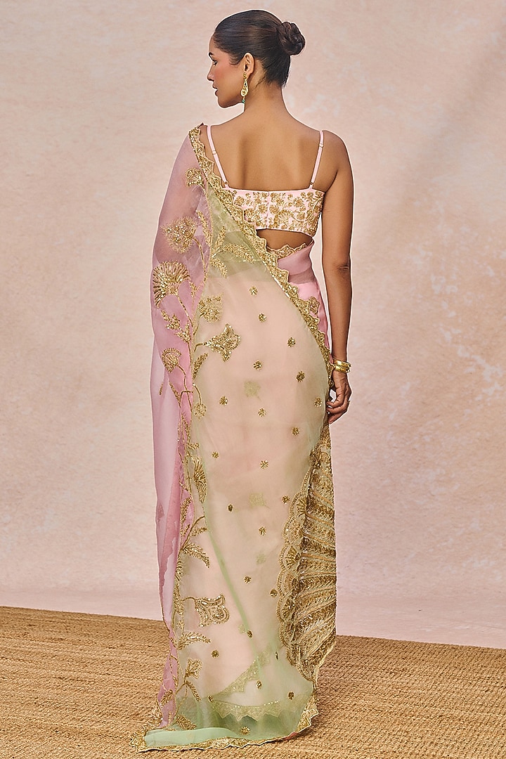 Pink Natural Crepe Pankh Motif Embroidered Reception Saree Set by Masaba at Pernia's Pop Up Shop