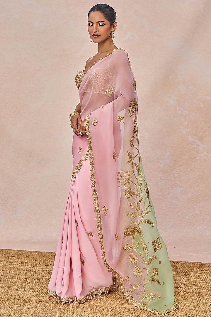 Pink Natural Crepe Pankh Motif Embroidered Reception Saree Set by Masaba at Pernia's Pop Up Shop