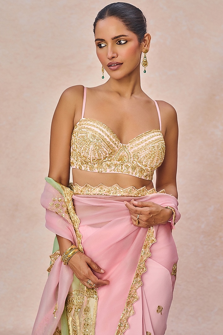 Pink Natural Crepe Pankh Motif Embroidered Reception Saree Set by Masaba at Pernia's Pop Up Shop