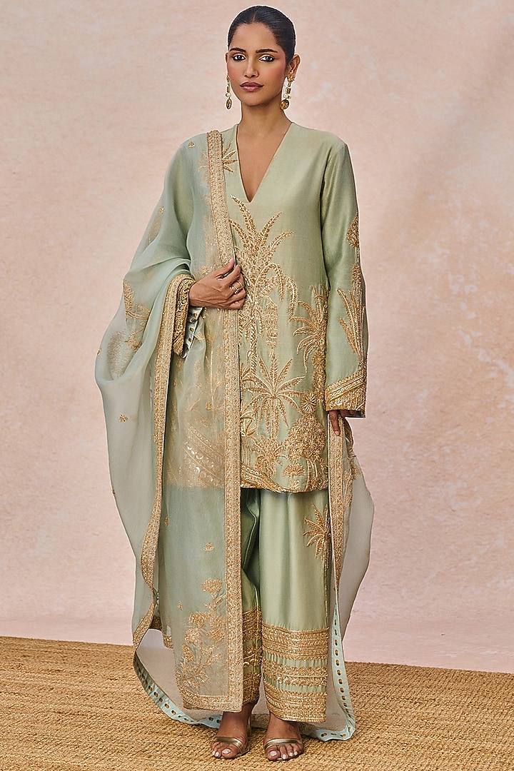 Sage Green Chanderi Gul Chaand Motif Embroidered Kurta Set by Masaba at Pernia's Pop Up Shop