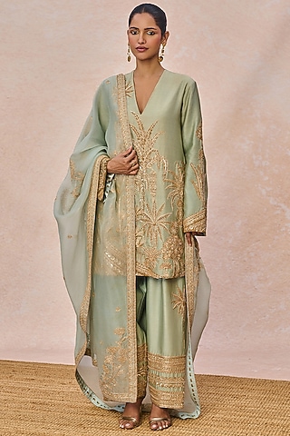 Sage Green Chanderi Gul Chaand Motif Embroidered Kurta Set by Masaba