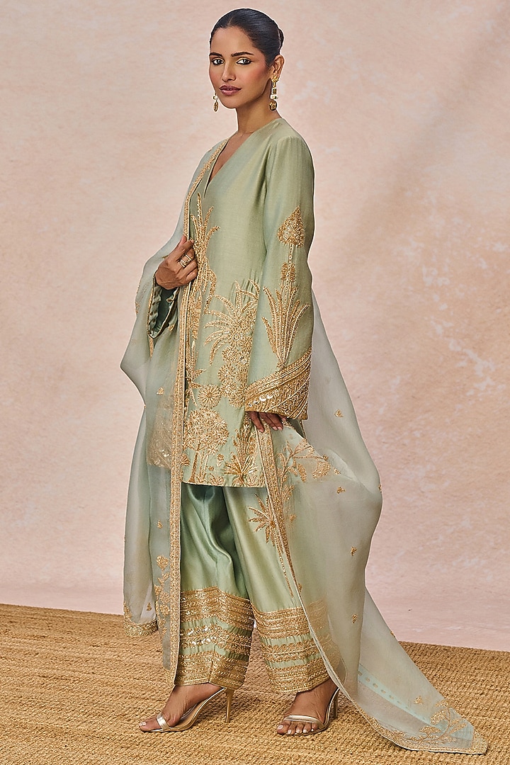Sage Green Chanderi Gul Chaand Motif Embroidered Kurta Set by Masaba at Pernia's Pop Up Shop