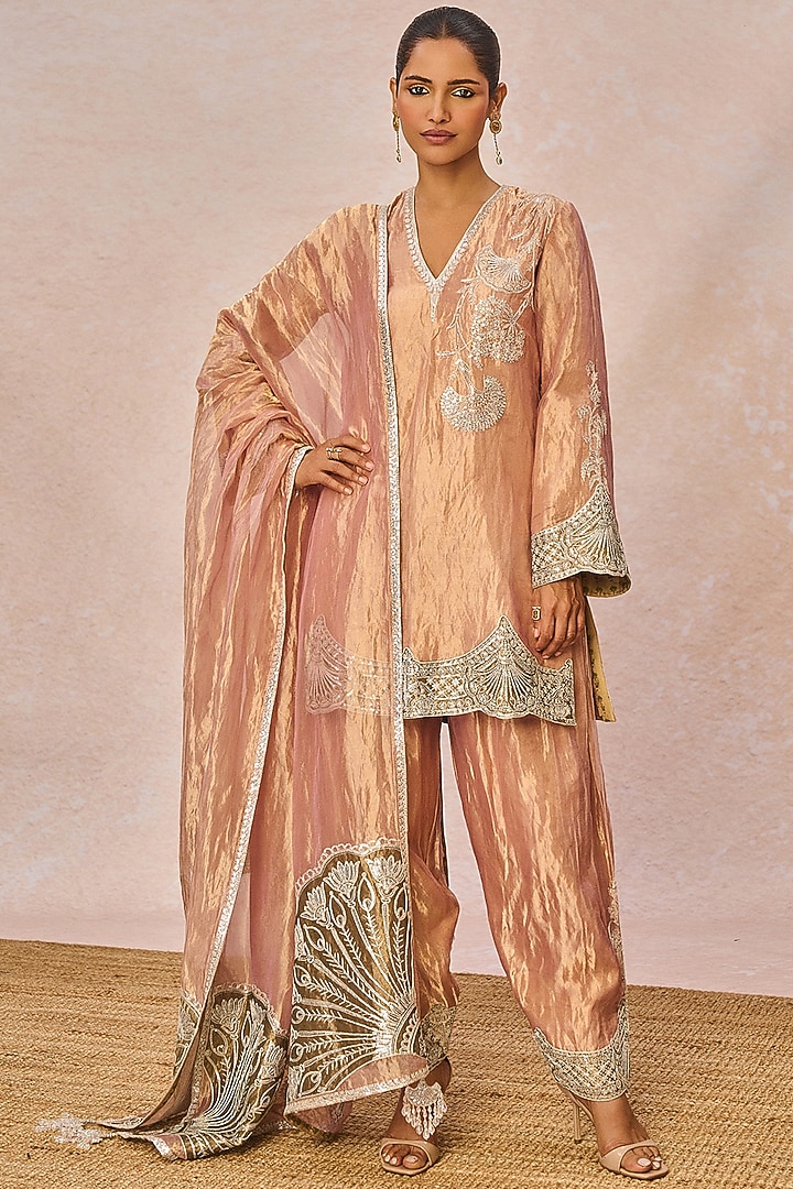 Blush Pink Tissue Pankh Bagh Motif Embroidered Kurta Set by Masaba at Pernia's Pop Up Shop
