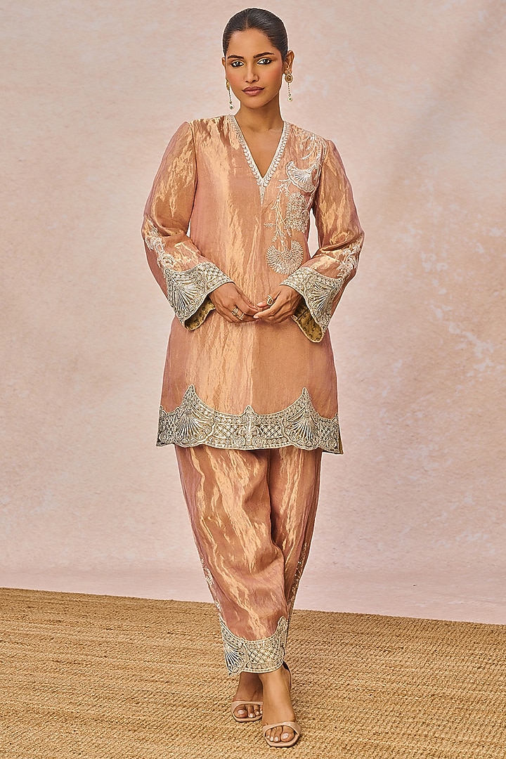 Blush Pink Tissue Pankh Bagh Motif Embroidered Kurta Set by Masaba at Pernia's Pop Up Shop