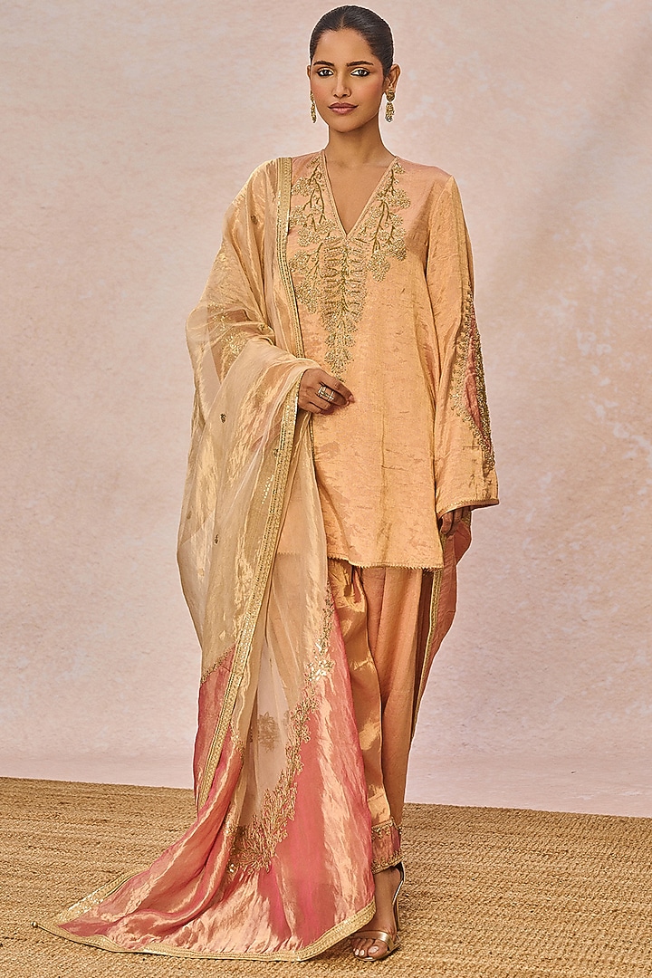 Peach & Pink Tissue Phool Bagh Motif Embroidered Kurta Set by Masaba at Pernia's Pop Up Shop