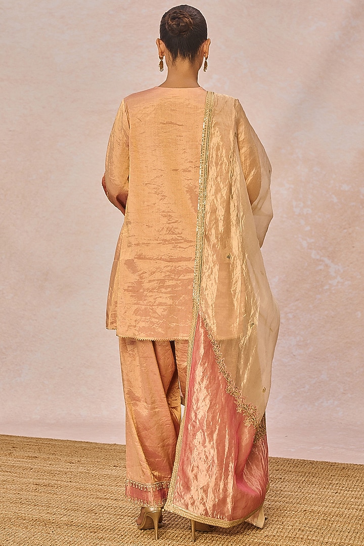 Peach & Pink Tissue Phool Bagh Motif Embroidered Kurta Set by Masaba at Pernia's Pop Up Shop
