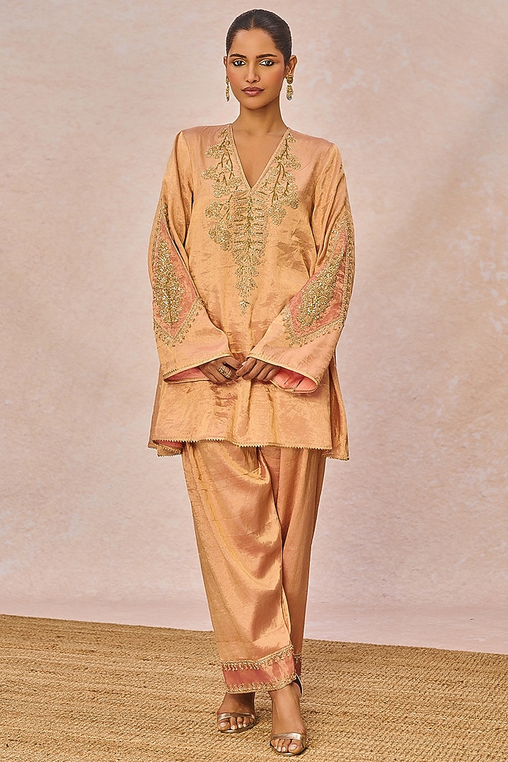 Peach & Pink Tissue Phool Bagh Motif Embroidered Kurta Set by Masaba at Pernia's Pop Up Shop