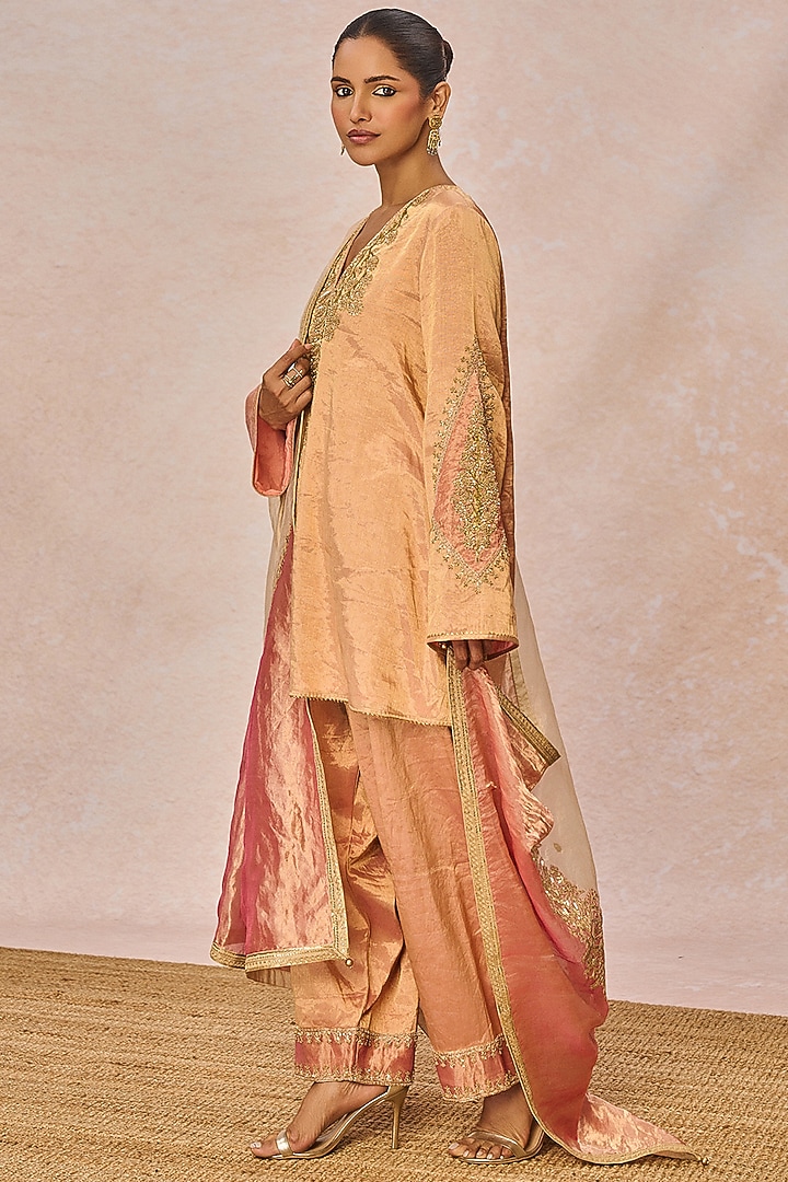 Peach & Pink Tissue Phool Bagh Motif Embroidered Kurta Set by Masaba at Pernia's Pop Up Shop