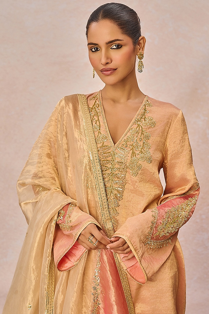 Peach & Pink Tissue Phool Bagh Motif Embroidered Kurta Set by Masaba at Pernia's Pop Up Shop