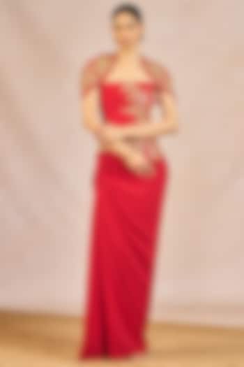 Red Moss Crepe Draped Skirt Set by Masaba at Pernia's Pop Up Shop