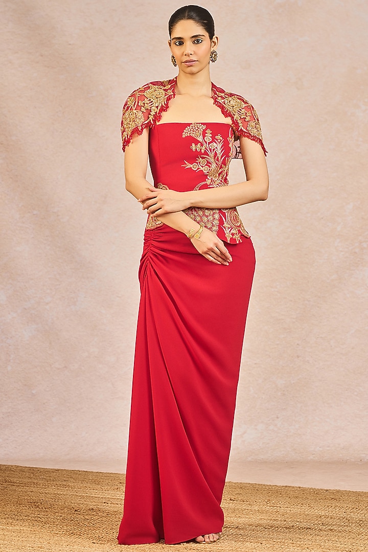 Red Moss Crepe Draped Skirt Set by Masaba at Pernia's Pop Up Shop