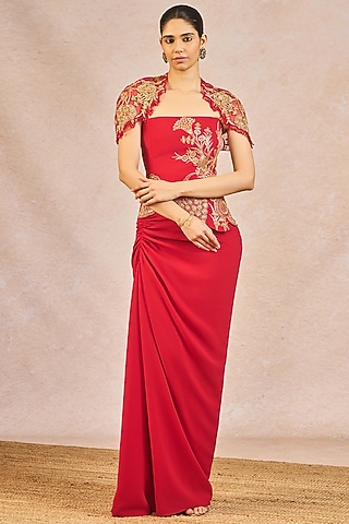 Red Moss Crepe Draped Skirt Set by Masaba