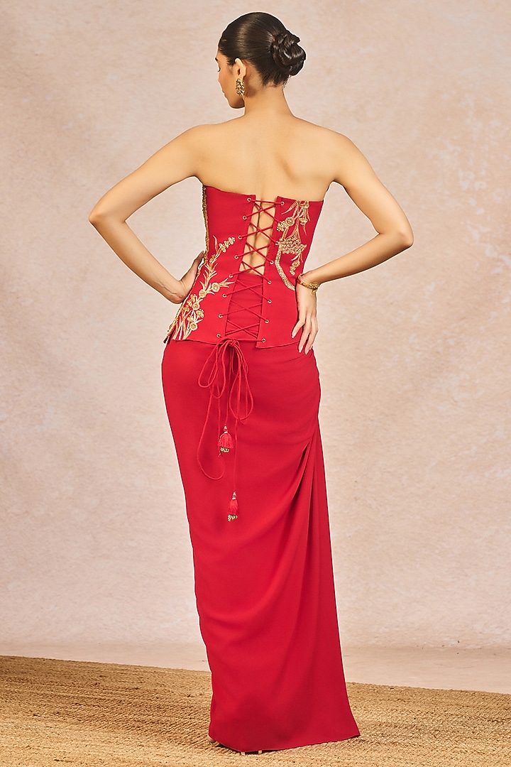 Red Moss Crepe Draped Skirt Set by Masaba at Pernia's Pop Up Shop