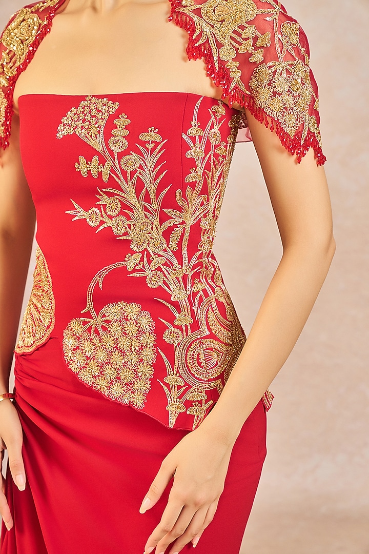Red Moss Crepe Draped Skirt Set by Masaba at Pernia's Pop Up Shop