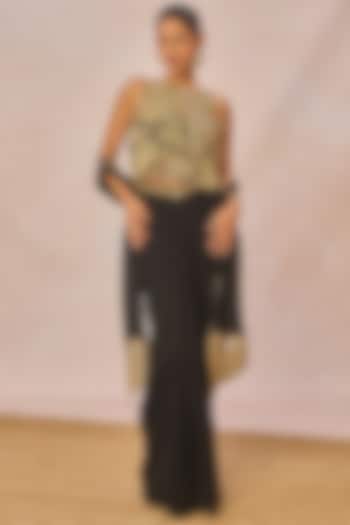 Black Crepe Front-Pleated Draped Skirt Set by Masaba at Pernia's Pop Up Shop