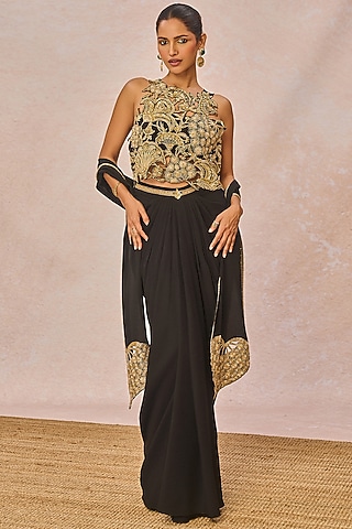 Black Crepe Front-Pleated Draped Skirt Set by Masaba