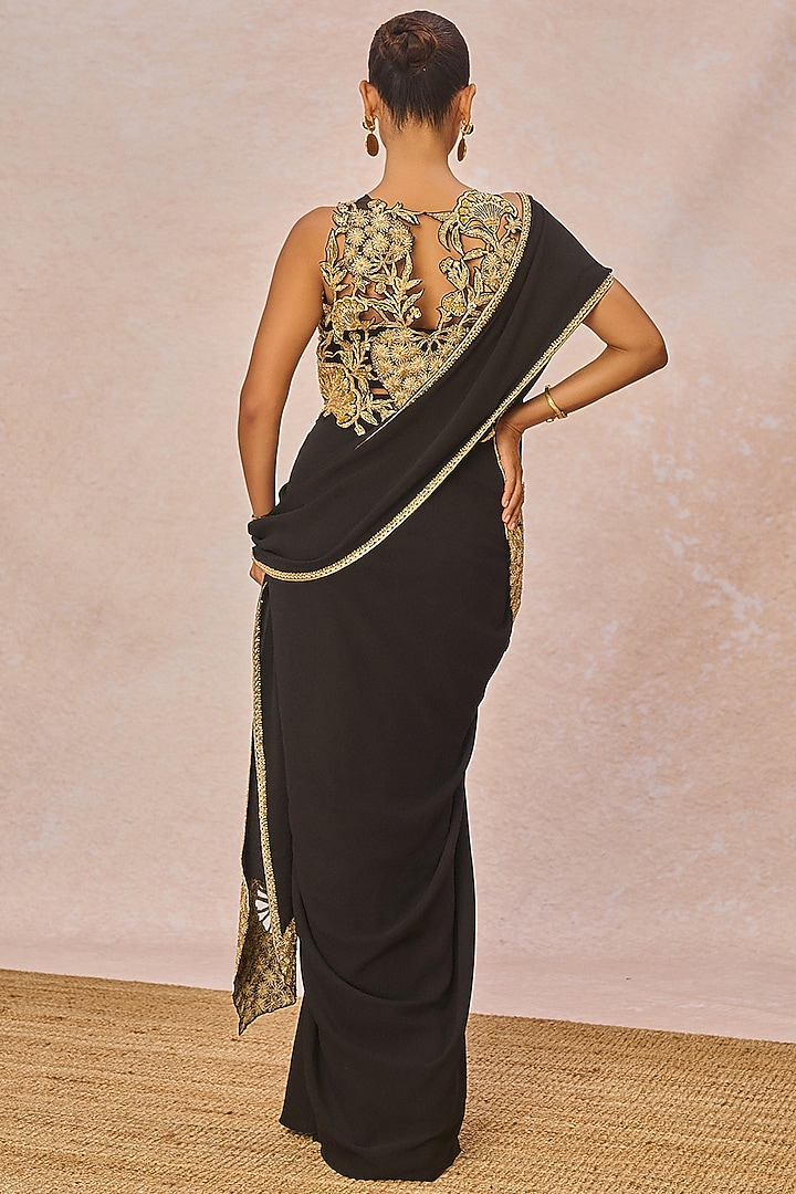 Black Crepe Front-Pleated Draped Skirt Set by Masaba at Pernia's Pop Up Shop