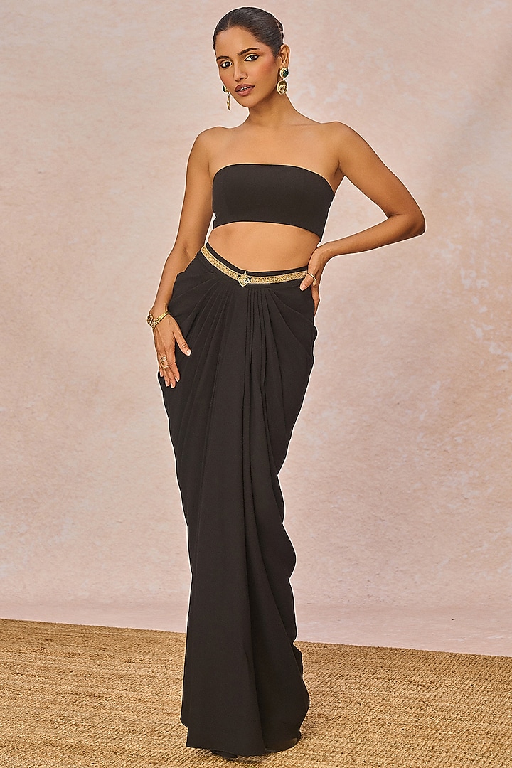 Black Crepe Front-Pleated Draped Skirt Set by Masaba at Pernia's Pop Up Shop