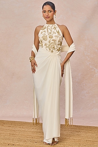 Ivory Crepe Asymmetric Draped Skirt Set by Masaba
