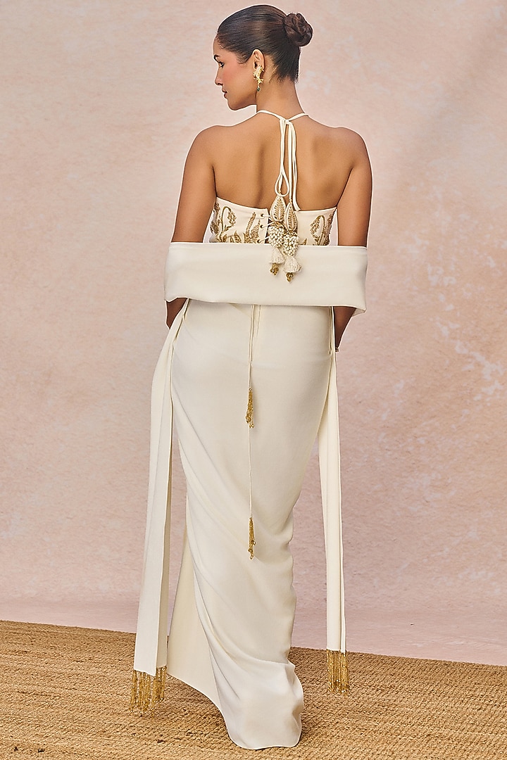 Ivory Crepe Asymmetric Draped Skirt Set by Masaba at Pernia's Pop Up Shop