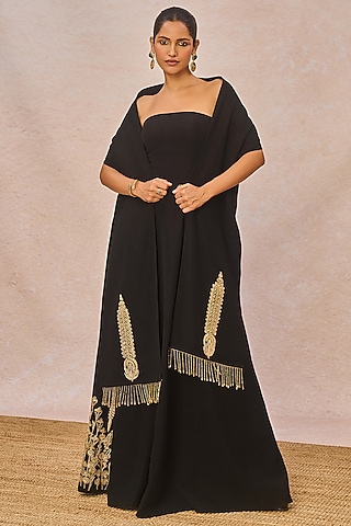 Black Crepe Strapless Bagh Motif Gown With Stole by Masaba