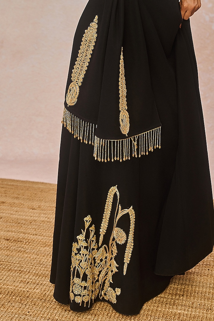 Black Crepe Strapless Bagh Motif Wedding Gown With Stole by Masaba at Pernia's Pop Up Shop