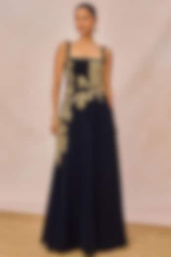 Navy Blue Crepe Pan Phool Motif Embroidered Strapless Wedding Gown by Masaba at Pernia's Pop Up Shop