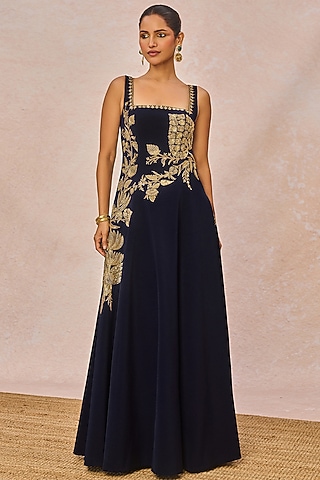 Navy Blue Crepe Pan Phool Motif Embroidered Strapless Gown by Masaba