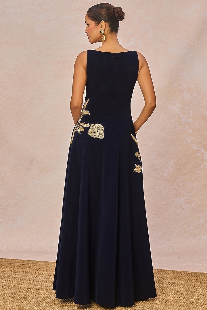 Navy Blue Crepe Pan Phool Motif Embroidered Strapless Wedding Gown by Masaba at Pernia's Pop Up Shop
