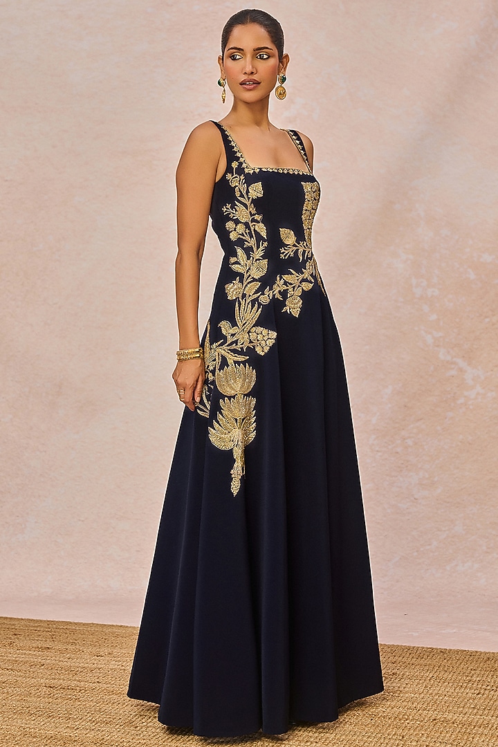 Navy Blue Crepe Pan Phool Motif Embroidered Strapless Wedding Gown by Masaba at Pernia's Pop Up Shop