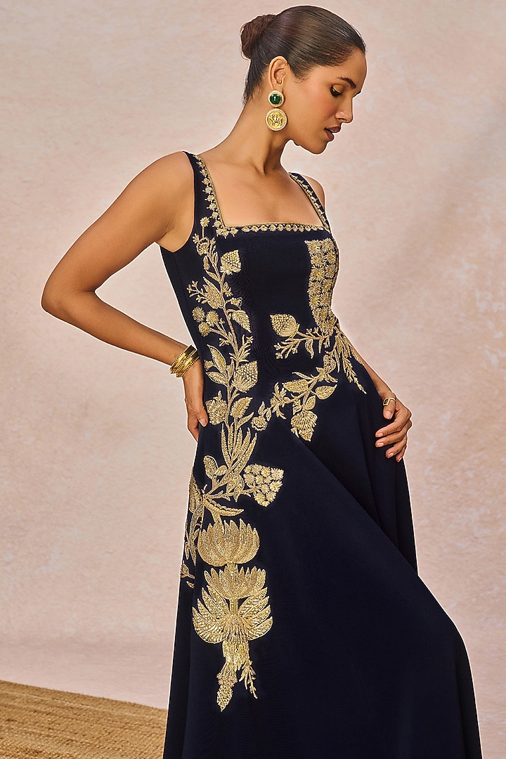 Navy Blue Crepe Pan Phool Motif Embroidered Strapless Wedding Gown by Masaba at Pernia's Pop Up Shop