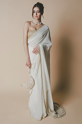 Ivory Georgette Saree Set by Masaba