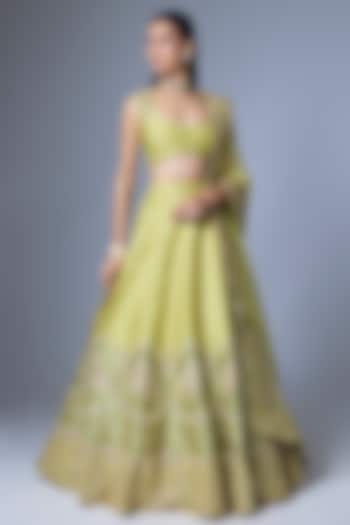 Green Heavy Raw Silk Embroidered Bridal Lehenga Set by Masaba at Pernia's Pop Up Shop