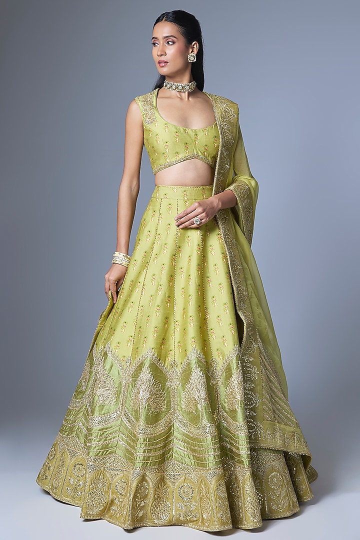 Green Heavy Raw Silk Embroidered Bridal Lehenga Set by Masaba at Pernia's Pop Up Shop